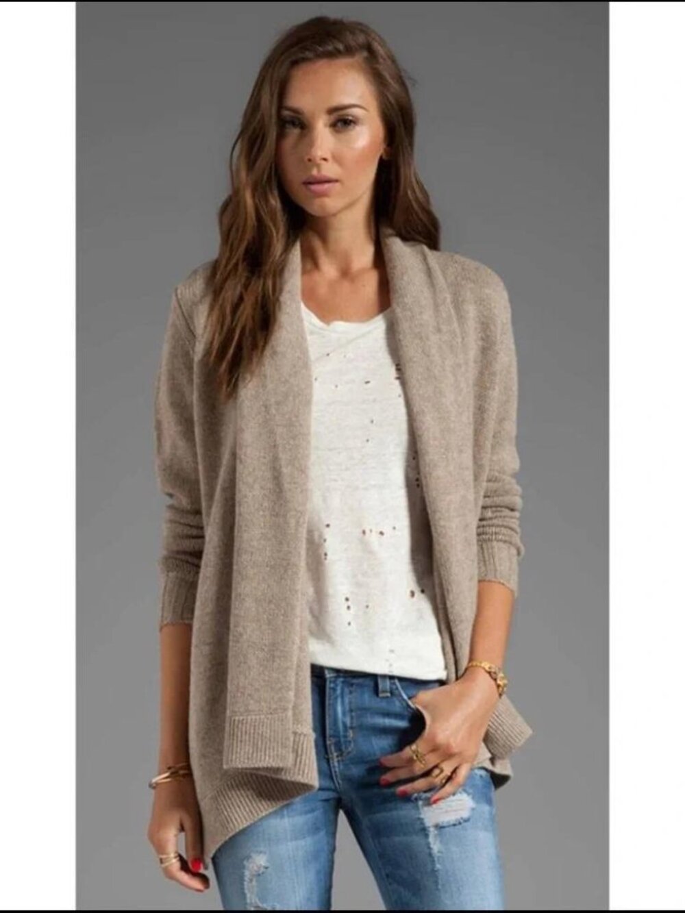Vince Yak Wool Alpaca Cashmere Drape Front Sweater Open Cardigan Brown Beige XS